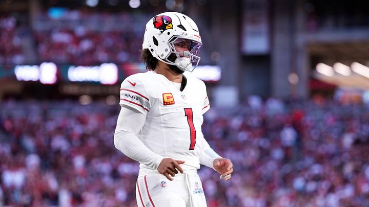 Dec 15, 2024; Glendale, Arizona, USA; Arizona Cardinals quarterback Kyler Murray (1) looks on against the New England Patriots during the second half at State Farm Stadium. Mandatory Credit: Joe Camporeale-Imagn Images